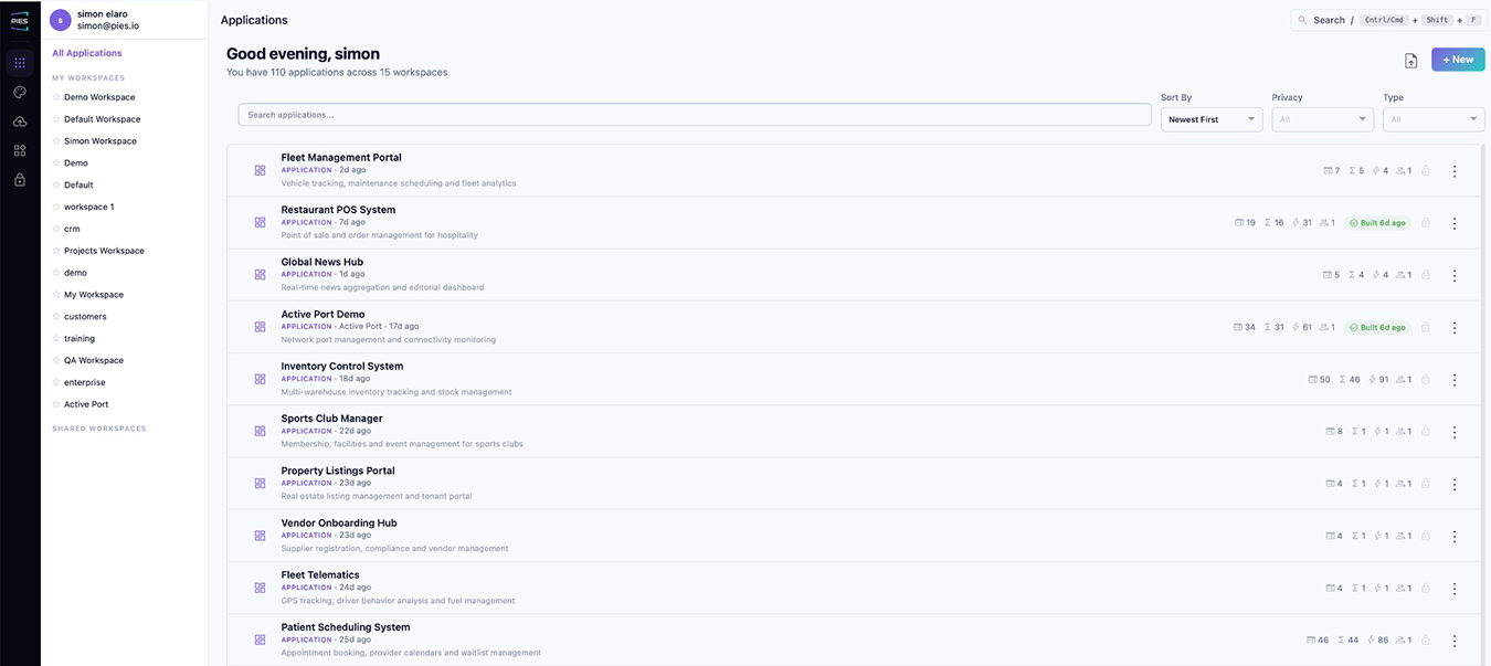 An application dashboard built in PIES Studio